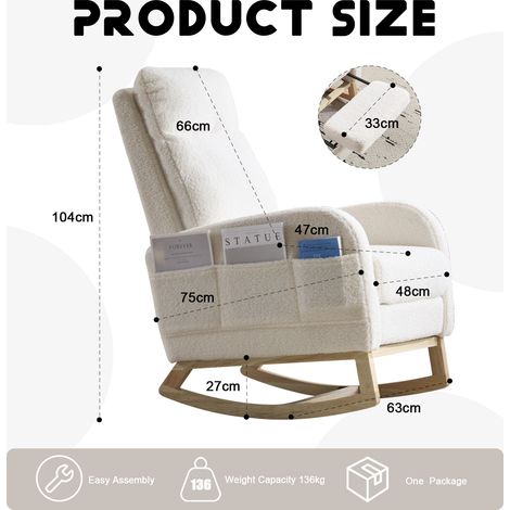 Fauteuil à bascule d'allaitement à dossier haut en teddy avec base en bois, poche latérale et repose-pieds, blanc, pour chambre bébé et coin lecture. (1/5)
