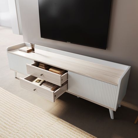 Meuble téléviseur blanc bois naturel 160x40x58 cm, 2 tiroirs + 2 portes coulissantes, meuble bas salon design texture soignée