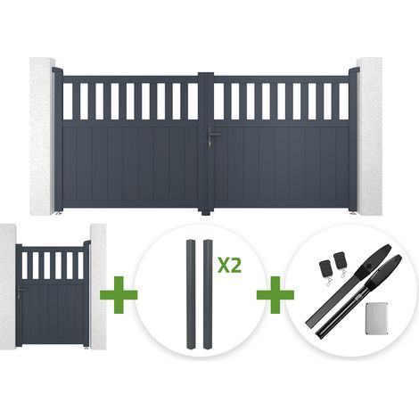 Portail battant 3m SANTIS H.140cm aluminium gris + 4 poteaux ELDA + Portillon 1m SANTIS H.140cm aluminium gris + motorisation Hicker B200 (1/5)