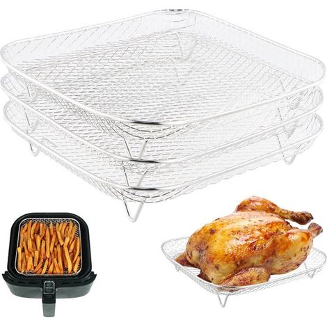 Un ensemble de 3 paniers carrés pour friteuse à air en acier inoxydable 304 - comprenant des paniers empilables - adaptés à la cuisson (1/5)
