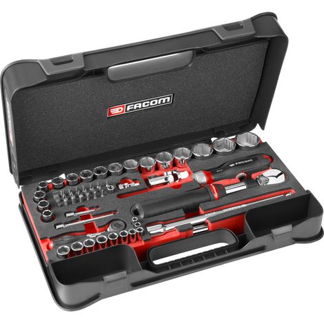 Facom – Coffret cliquet et douilles 1/4 et 1/2 – 60 pièces – Douilles OGV® Grip pour vis Pozidriv et Phillips – Rallonges angulaires et cardan universel (1/3)