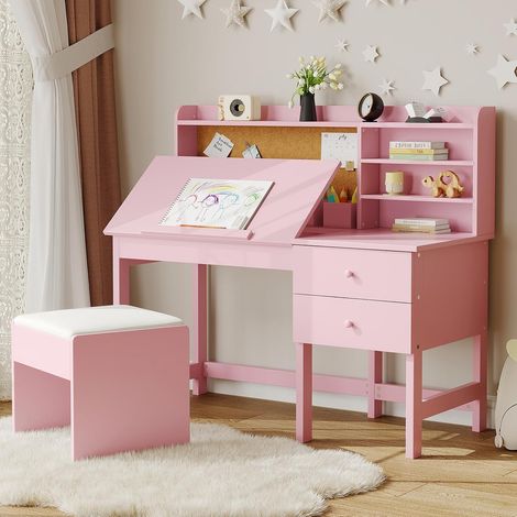 Ensemble Bureau et Chaise Enfant en Bois - Bureau Inclinable avec Tableau Liège, Tiroirs & Étagères - Pour Enfants 3-8 Ans - Rose (1/5)