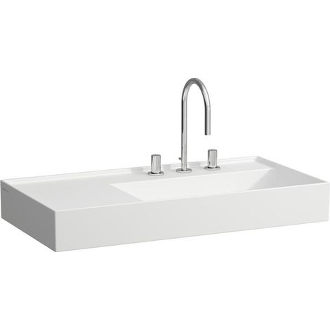 Lavabo KARTELL 900 x 460 mm, étagère à gauche sans trop-plein, 2 trous pour robinetterie, blanc mat LAUFEN