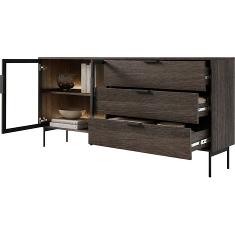 Dmora Hara Sideboard, 3 Schubladen, 1 Regal, Schwingtüren und Schiebetüren, 181x39x83h cm, Nussbaum Braun