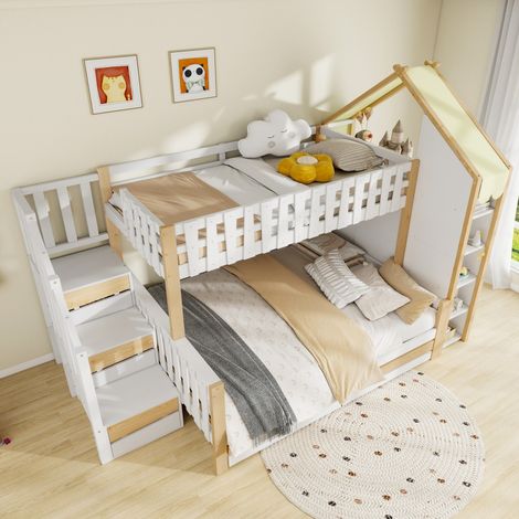 Lit superposé 90x200+140x200 avec barrière maison irrégulière. Échelle-rangement, 2 tiroirs. blanc + naturel (Sans matelas) (1/5)