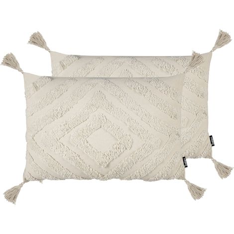Scatter Cushions Geometric Pattern Boho Decor Tassels 40 x 60 cm Beige Crataegus (1/5)