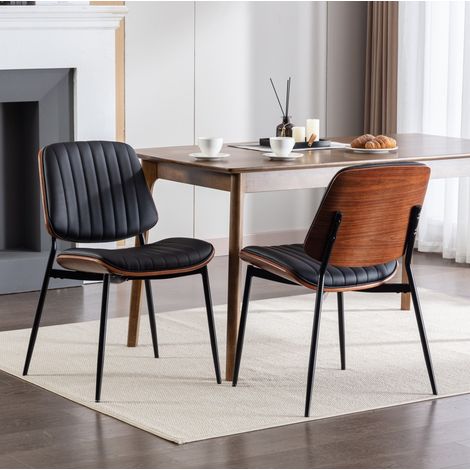 Set di 2 sedie da pranzo in ecopelle e legno curvato con schienale e gambe in metallo, nero (1/5)