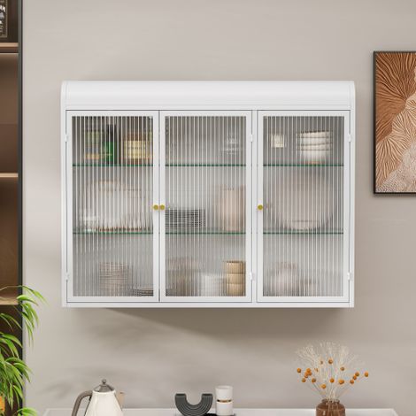 Aparador mural blanco con puertas de cristal arqueadas y estantes de almacenaje - 90x20x70 cm (1/5)