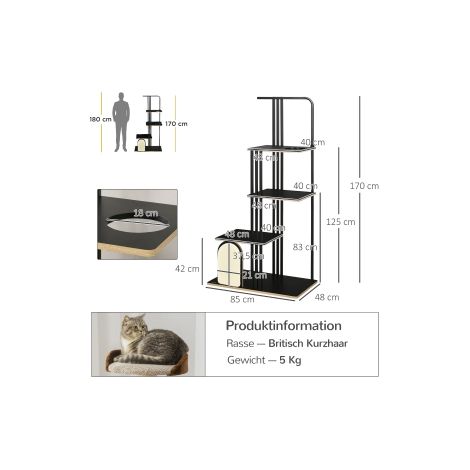 Arbre à chat noir de 170 cm en acier avec coussin, planche à griffer et 3 plateformes pour salon, chambre et maison (1/5)
