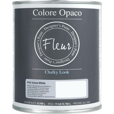 FLEUR DESIGNER'S PAINT Pittura ad Acqua, Effetto Gesso Naturale, Extra Opaca, Fleur Chalky F02, Colore Snow White, Made in Italy, Formato da 750 ml