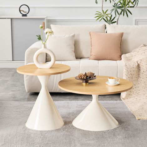 Lot de 2 tables basses gigognes Ø70/50 cm, forme sablier, plateau effet bois, pied métal crème, empilables, salon chambre bureau (1/5)