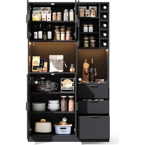 Küchenbuffetschrank Hoch mit 3 Schubladen, Weinregal, LED und Steckdosen, für Küche oder Esszimmer, MDF, Schwarz, 105 × 40 × 180 cm (1/5)