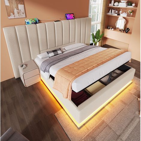 Cama doble 160x200 con almacenamiento LED y USB beige OKMYHOME (1/5)