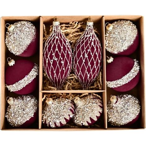 JSSEVN - Juego de 10 adornos navideños de terciopelo flocado para decoración de bodas y fiestas, color burdeos, 8 cm. (1/5)