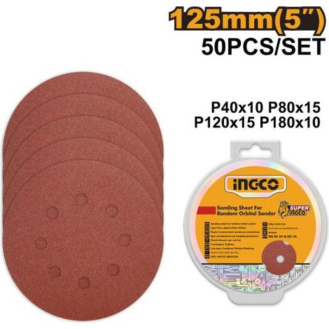 Boite de 50 abrasifs diam. 125 mm pour ponceuse orbitale (grains P40 - P80 - P120 - P180) - INGCO - AKRS1250511