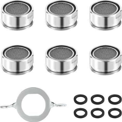 Mélangeur d'eau 24 mm, lot de 6, avec tamis inox et ABS, 8 rondelles et 1 outil de montage chromé pour robinetterie salle de bain et cuisine. (1/5)