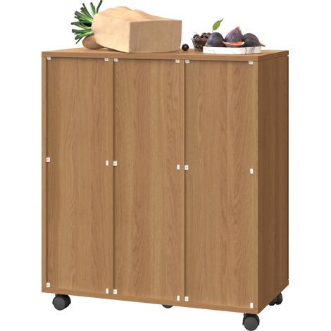 Armoire à déchets, meuble de tri des déchets à 3 compartiments, meuble de cuisine à roulettes aspect chêne, meuble à 3 portes avec roulettes, pour cuisine et salle à manger, 69,3x35x80,3cm (1/5)