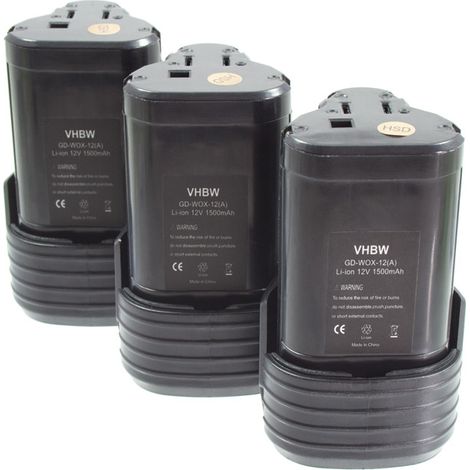 vhbw 3x batería compatible con Worx WU127, W125.5, W125.3, W125.4, WX125, W125.1, W125.M, WU025 Lampe herramienta (1500 mAh, Li-Ion, 12 V)