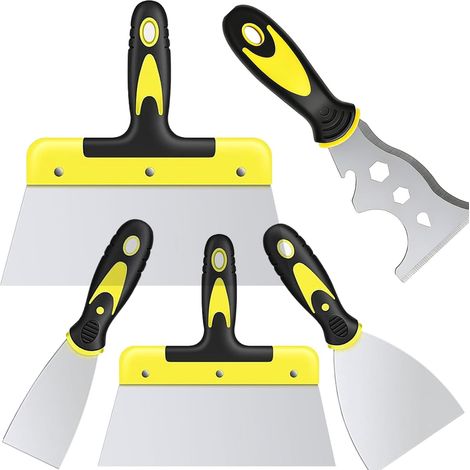 5 Pièces spatule enduit,spatules de peintre en acier inoxydable avec manche en plastique, Couteau à Enduire Spatule Enduit avec Trou de Suspension, pour papier peint et murs spatule bricolage (1/5)