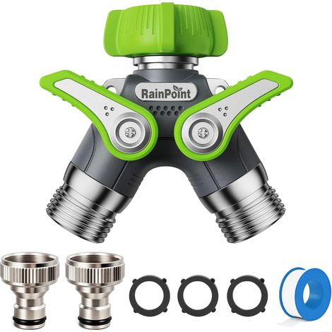 Robinet Double 3/4", Corps 100% métal Distributeur 2 Voies avec Interrupteur indépendant et Adaptateur 3/4" 1/2", débit d'eau réglable et verrouillable, pour Machine à Laver, Jardins (1/5)