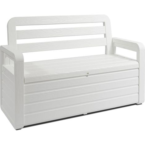 Toomax Foreverspring cassapanca da 270 litri con seduta per 2 persone, 132.5x58x89h cm panca da giardino effetto legno bianco in plastica resistente, resistente ai raggi UV, per esterni