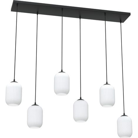 Lampadario 6 Luci Verdi In Acciaio Nero E Vetri Plissettati Bianchi (1/4)