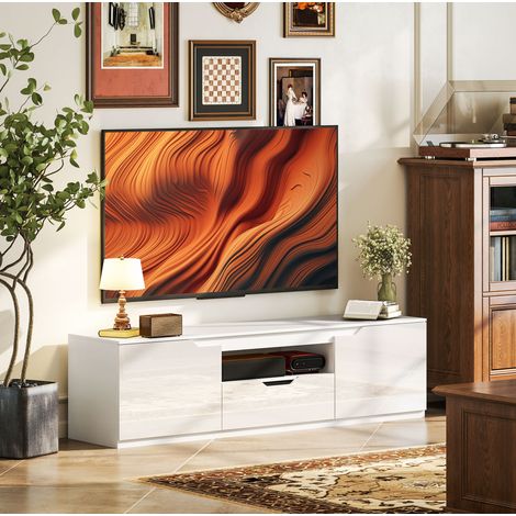 TV-Lowboard 160x38x43 cm, für Fernseher bis 65 Zoll, mit Türen, Schublade, Kabelmanagement, Holz, Weiß (1/5)