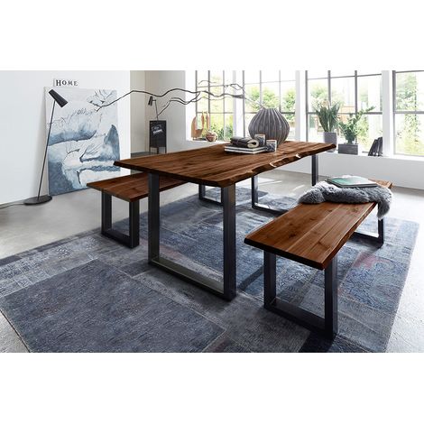 Essgruppe 160 cm Akazie nussbaumfarben U-Gestell schwarz mit 2 Bänken QUINN (1/5)