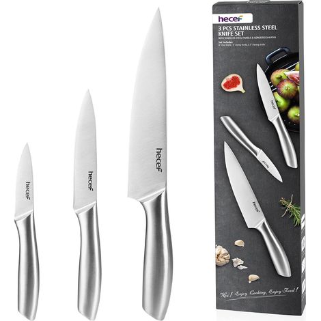 Set de couteaux de cuisine, Lot de 3 Couteaux (20cm Chef, 13cm Universel, 9cm Office) en acier inoxydable avec Protection de Lame, poignée creuse, Facile à Nettoyer, Argent (1/5)
