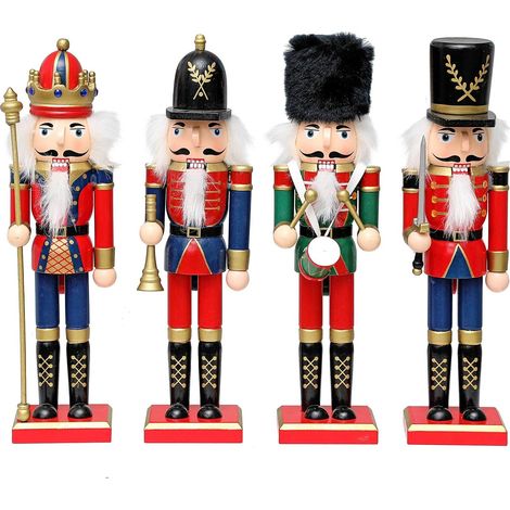 Set of 4 pieces, Nutcracker Soldier King Classic Figurine, 30 cm Wooden Nutcracker Original Statue, Nutcracker Soldier Christmas for Christmas Decoration - Red Blue