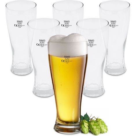 Bierglas 0,25 L aus Klarglas - 6er Set - Weizenbier Glas 250 ml spülmaschinenfest - Pilsglas Bierkelch Bierkrug Trinkglas für Pilsner Bier Weißbier