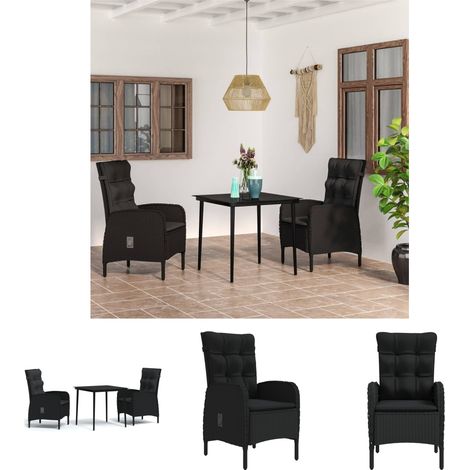 Gartenstuhl mit Kissen - vidaXL 3-tlg. Garten-Essgruppe mit Kissen Schwarz - Gartenmöbel Schwarz (1/5)