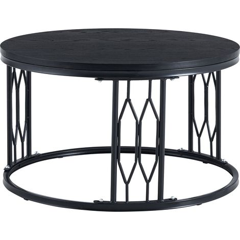 Table basse 70 x 40 cm plateau aspect bois piètement en métal cadre en fer géométrique forme ronde style moderne (1/5)
