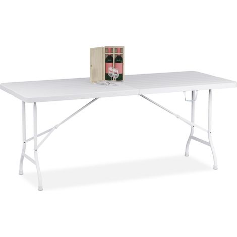 Relaxdays Gartentisch, klappbar, HxBxT: 73 x 180 x 74 cm, Kunststoff, Stahl, wetterfest, Holzoptik, Campingtisch, weiß
