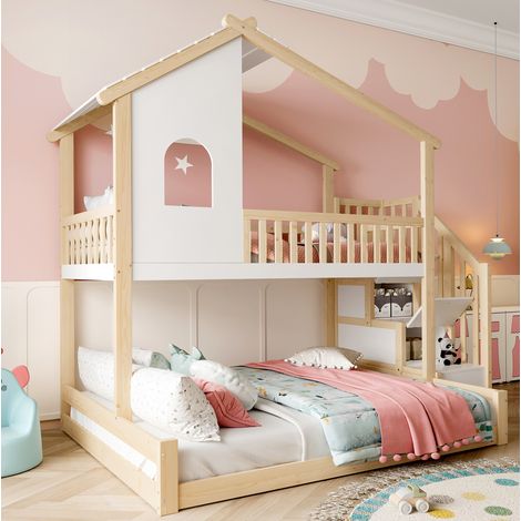 DESVIAE Lit superposé cabane enfant avec fenêtre et échelle de rangement 90 x 200 cm 140 x 200 cm en pin naturel et blanc (1/4)