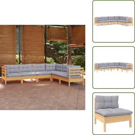 6-tlg. Garten-Lounge-Set mit Grauen Kissen Kiefer Massivholz - Garten Lounge Set - Kiefernholzmöbel - Outdoor Möbel - Gartenmöbel - Loungemöbel