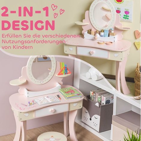 Bureau et coiffeuse enfant 2-en-1 en MDF avec miroir amovible et 7 accessoires, rose (1/5)