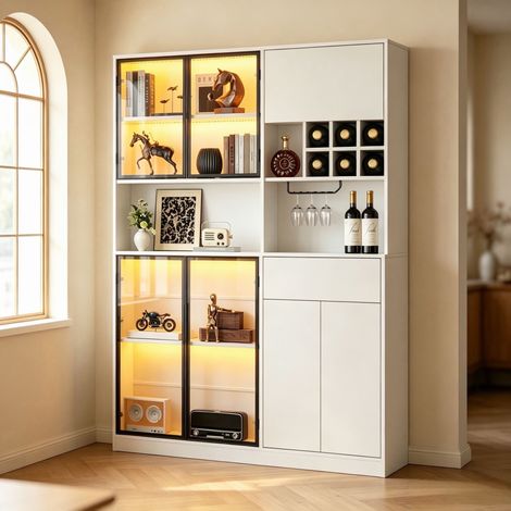 MODFU – Vitrine 140x30x200 cm blanc – LED Bluetooth et 7 portes – Casiers vin et range-verres – Blanc (1/5)