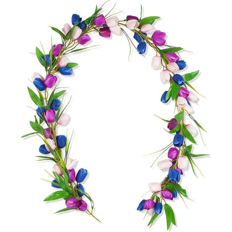 2 m lange künstliche Tulpengirlande, Frühlingsblumengirlande, Tulpenranke für drinnen und draußen, blau-lila (1/2)