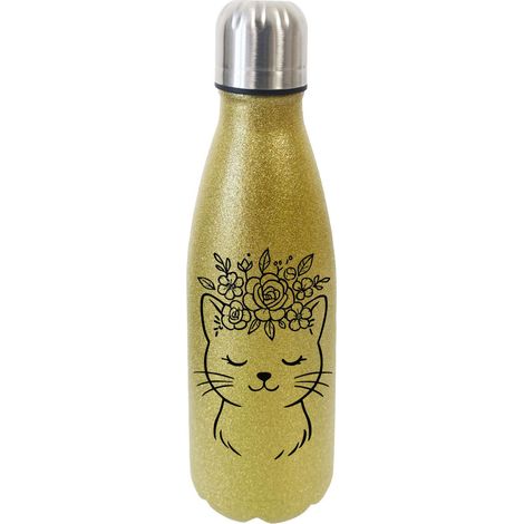 Bouteille or chat avec couronne de fleurs à paillettes (1/2)