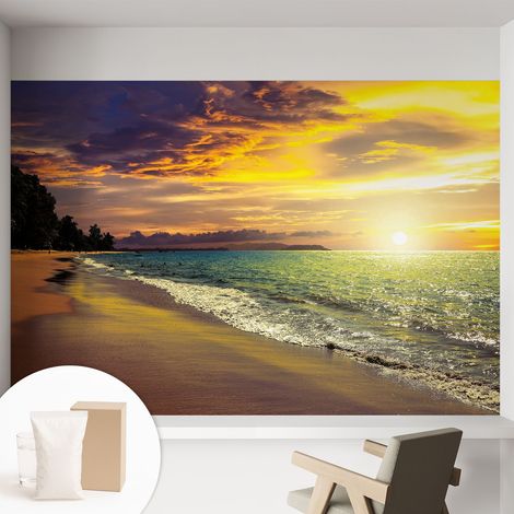 Papier peint avec colle pour décoration moderne de salon chambre à coucher cuisine et bureau Facile Plage au coucher du soleil 152x104 cm (1/5)