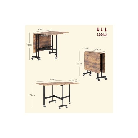 Table à manger pliante brune pour 6 personnes avec 6 roulettes et freins pour petits espaces, cuisine et salle à manger (1/5)