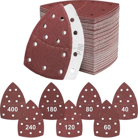 100-Piece Sanding Discs for Sanders, 11 Holes for Triangular Sanders, Grit 40/60/80/120/180/240/400, 105 x 152 mm, Hook and Loop Sanding Discs, Compatible with Bosch, DeWalt, Delta (1/5)