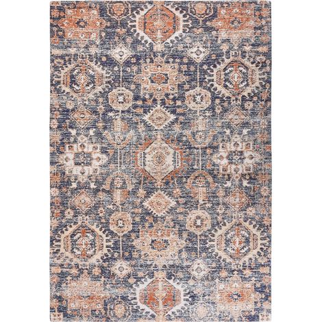 Tappeto lungo in cotone blu e rosso 140 x 200 cm effetto invecchiato orientale Kurin