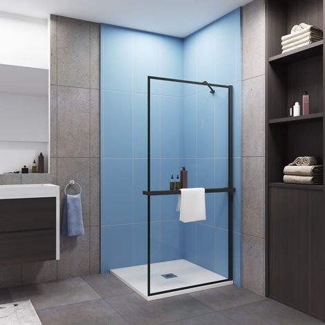 Paroi de douche à l'italienne cadre noir 80x200cm installé avec une de barre de fixation d’angle de 45cm,livré avec étagère de douche noir