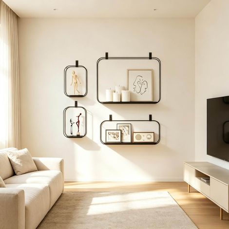 Set de 4 estantes de pared industriales de MDF y metal negro (1/5)