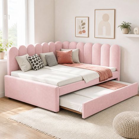 Sofá cama tapizado L 140x200 cm con respaldo floral, cama extraíble, terciopelo rosa (1/5)