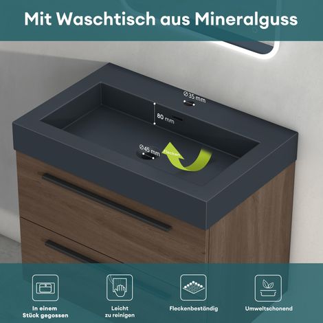 Mai & Mai Badmöbel-set Waschbeckenunterschrank 73 cm, Waschtisch mit Unterschrank in Eiche Stirling, inkl. Waschschbecken aus Mineralguss Quadratto