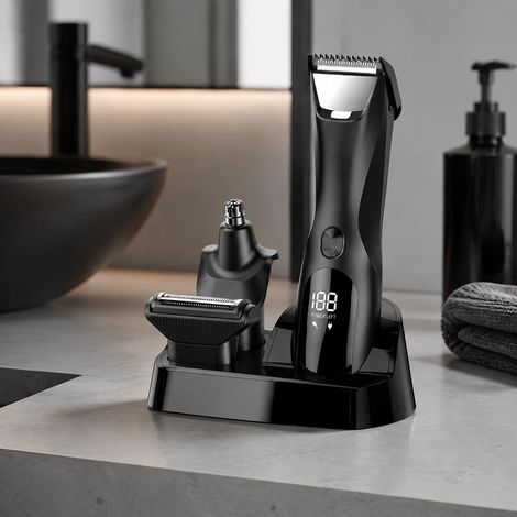 Tondeuse Corps Homme 3 en 1 IPX6 Étanche Moteur 6800RPM Silencieux Écran LCD Autonomie 80min pour Visage Nez Aisselles (1/5)