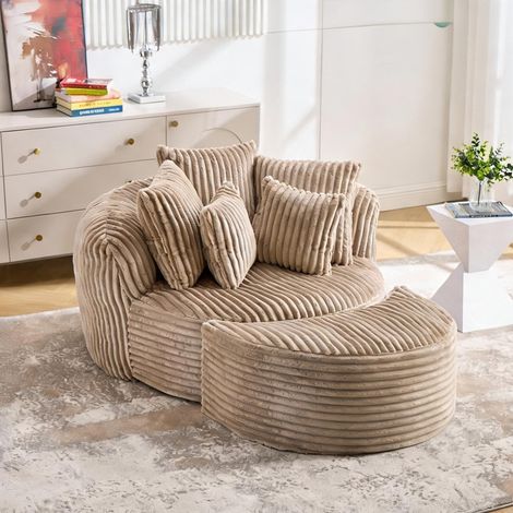 Fauteuil relax rond en tissu côtelé camel et marron en chenille (1/5)